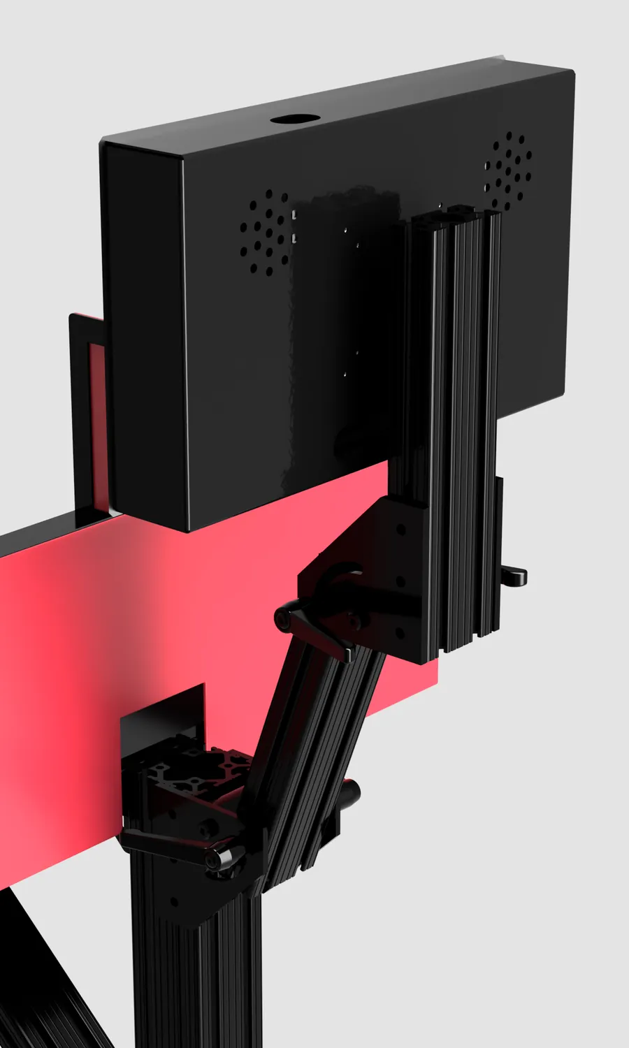 Display enclosure mounted on custom extruded-aluminum arms